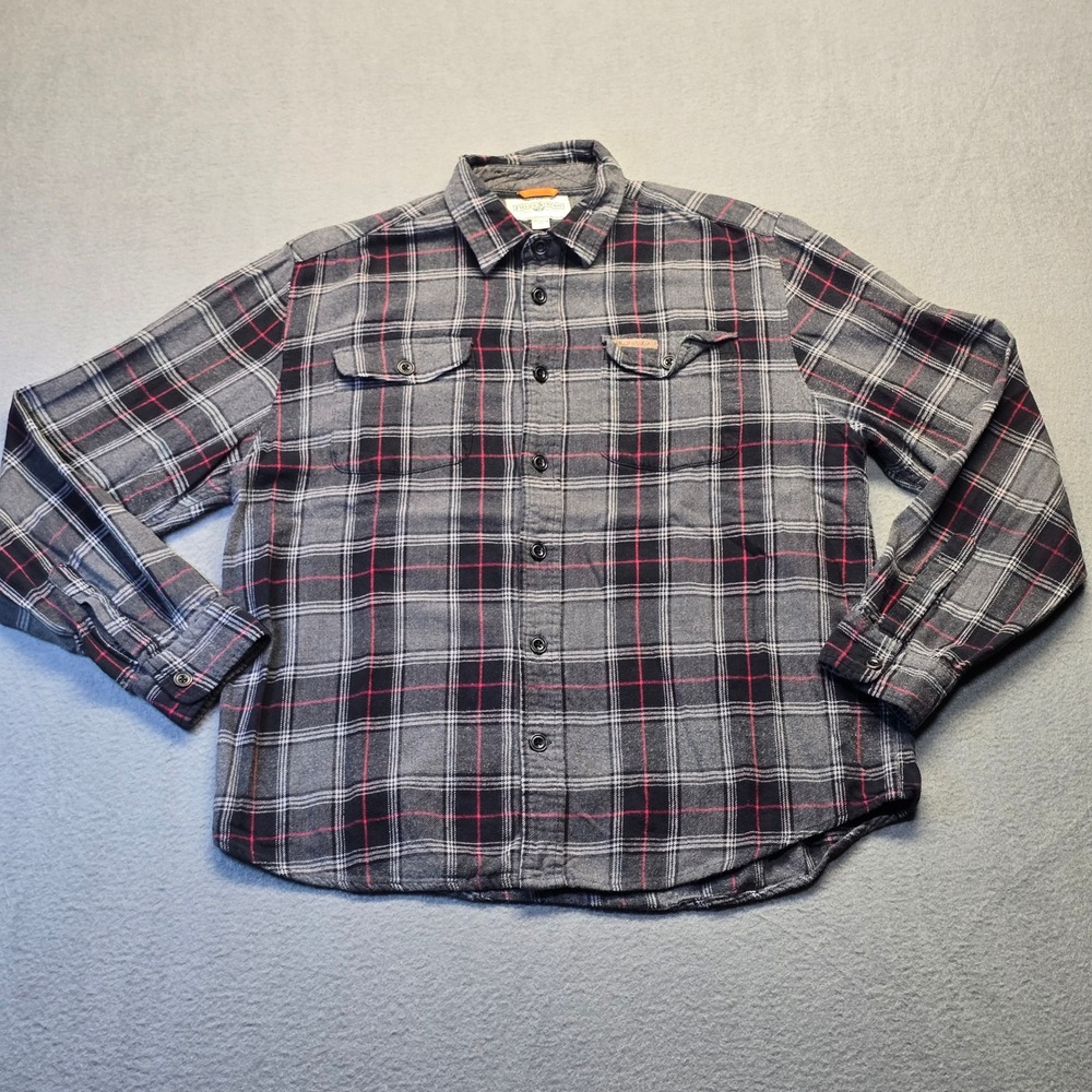 Field & Stream XL Flannel Shirt Grey Red Plaid Cotton Button Down Long Sleeve